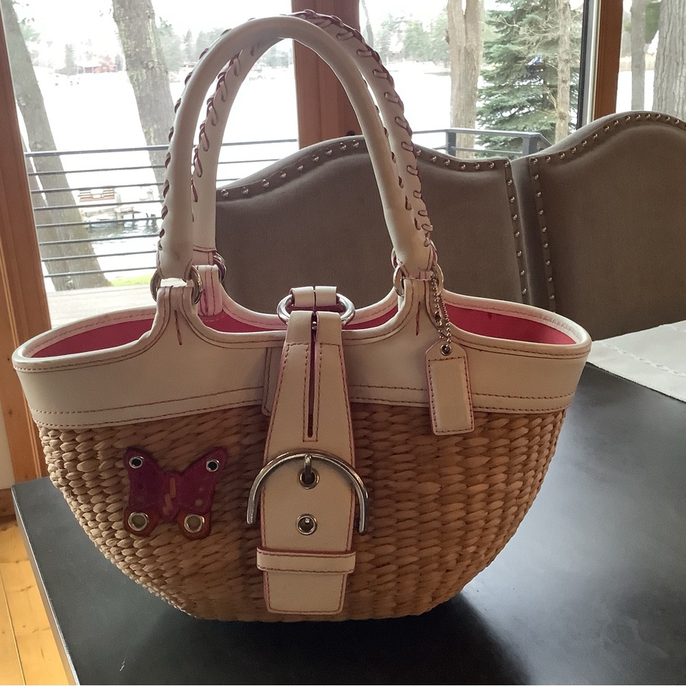 3 vintage handbags.  Coach White and Tan Woven Tote with Butterfly Accent
